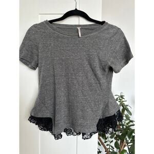 Free People Gray and Black Lace Short Sleeve Peplum T-shirt, Size XS, EUC